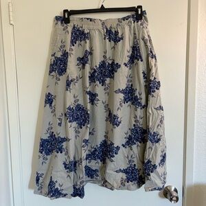 Women’s Large Linen Blend Coldwater Creek Cream Midi Skirt Blue Floral Print
